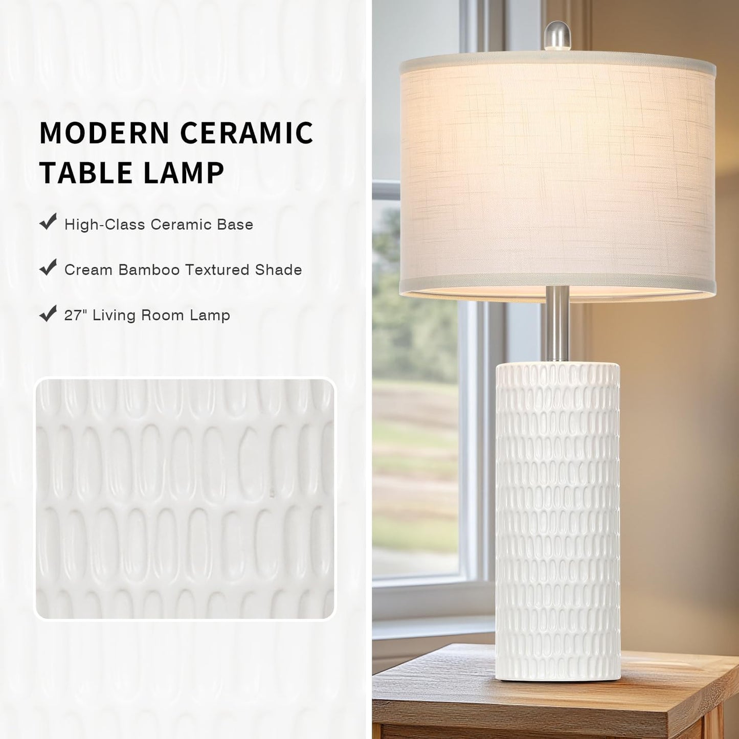 Marlow Ceramic Table Lamp Set of 2 | White Farmhouse Bedside Lamps