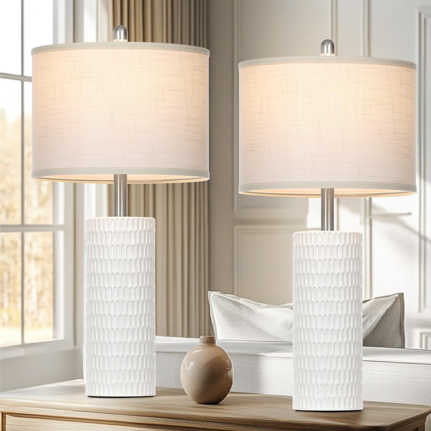 Marlow Ceramic Table Lamp Set of 2 | White Farmhouse Bedside Lamps