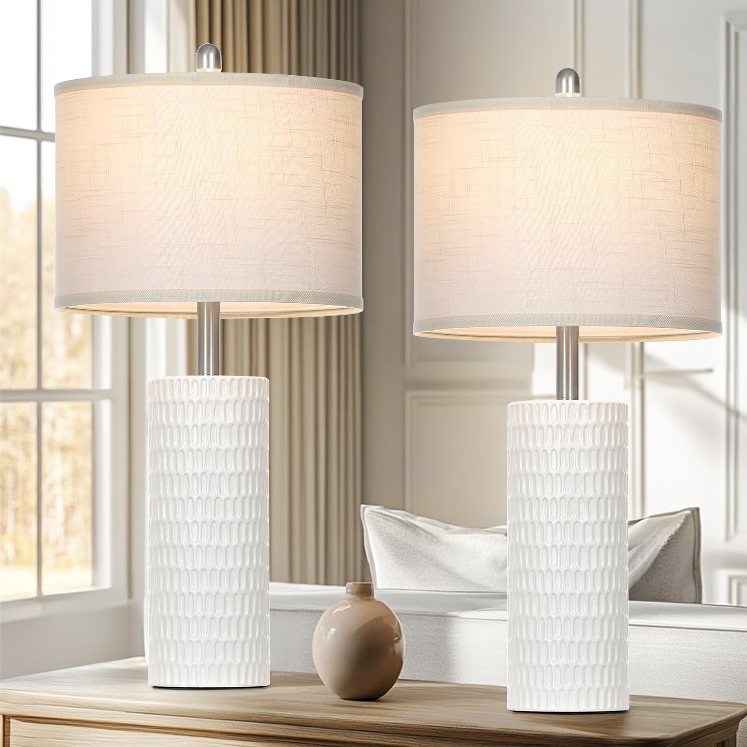 Marlow Ceramic Table Lamp Set of 2 | White Farmhouse Bedside Lamps