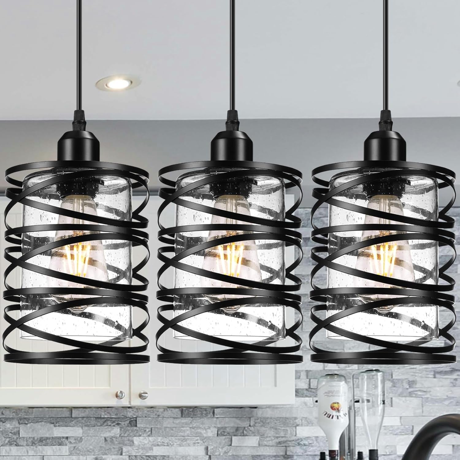 Ember Pendant Light Set of 3 | Black Seeded Glass Kitchen Island