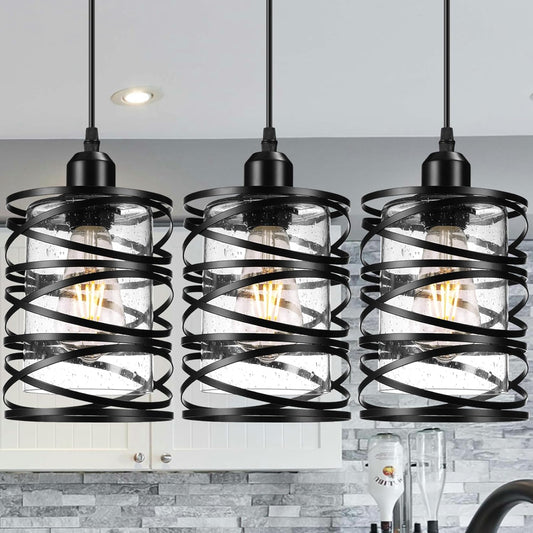Ember Pendant Light Set of 3 | Black Seeded Glass Kitchen Island