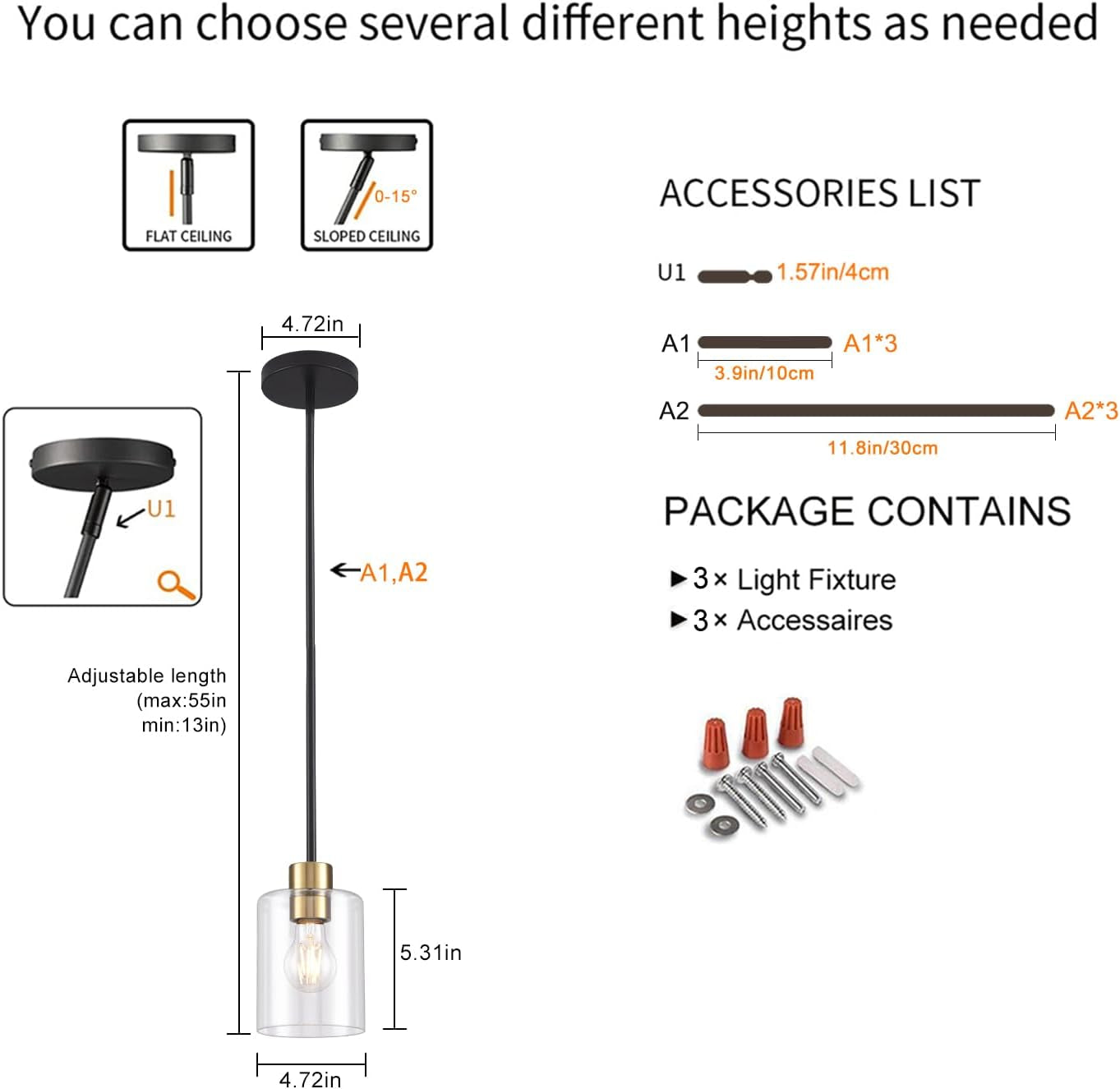 Meridian Pendant Light Set of 3 | Black & Brass Clear Glass