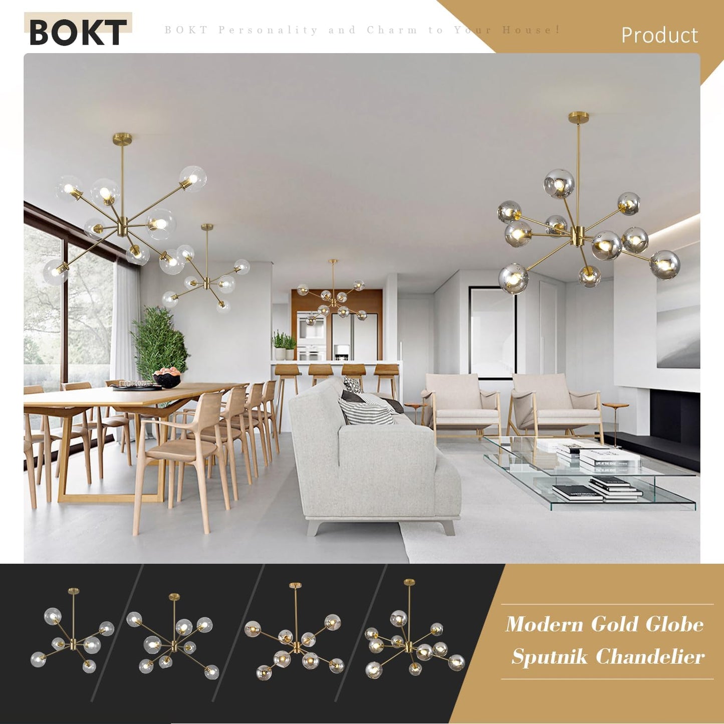 Nova Sputnik Globe Chandelier | Gold & Smoked Glass 8-Light
