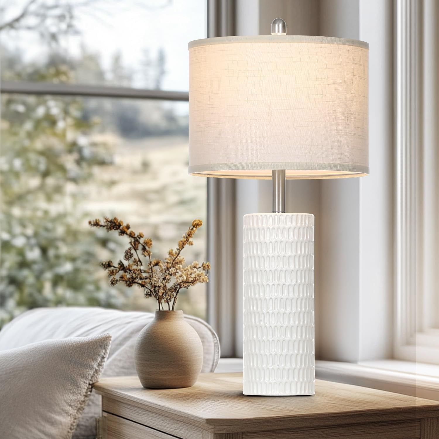 Marlow Ceramic Table Lamp Set of 2 | White Farmhouse Bedside Lamps