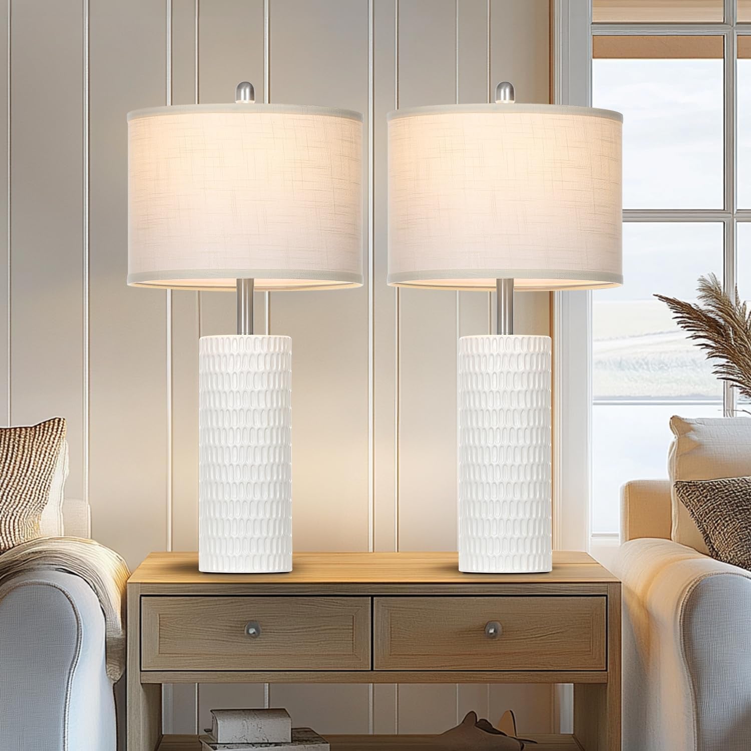 Marlow Ceramic Table Lamp Set of 2 | White Farmhouse Bedside Lamps