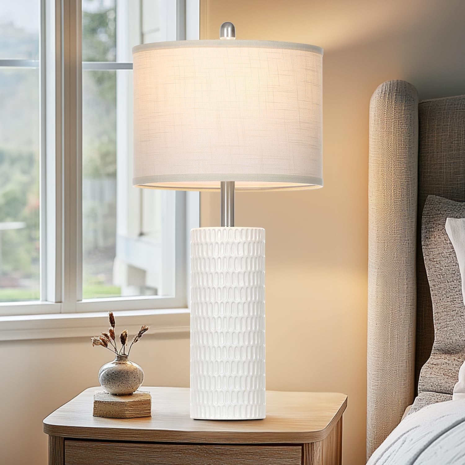 Marlow Ceramic Table Lamp Set of 2 | White Farmhouse Bedside Lamps