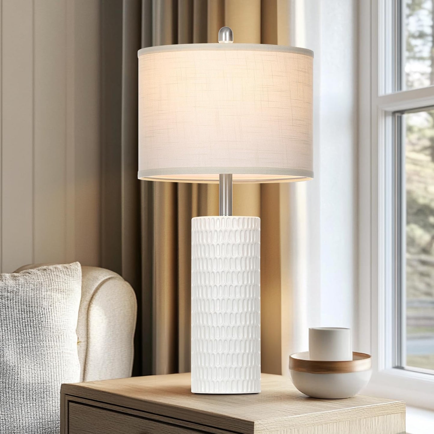 Marlow Ceramic Table Lamp Set of 2 | White Farmhouse Bedside Lamps