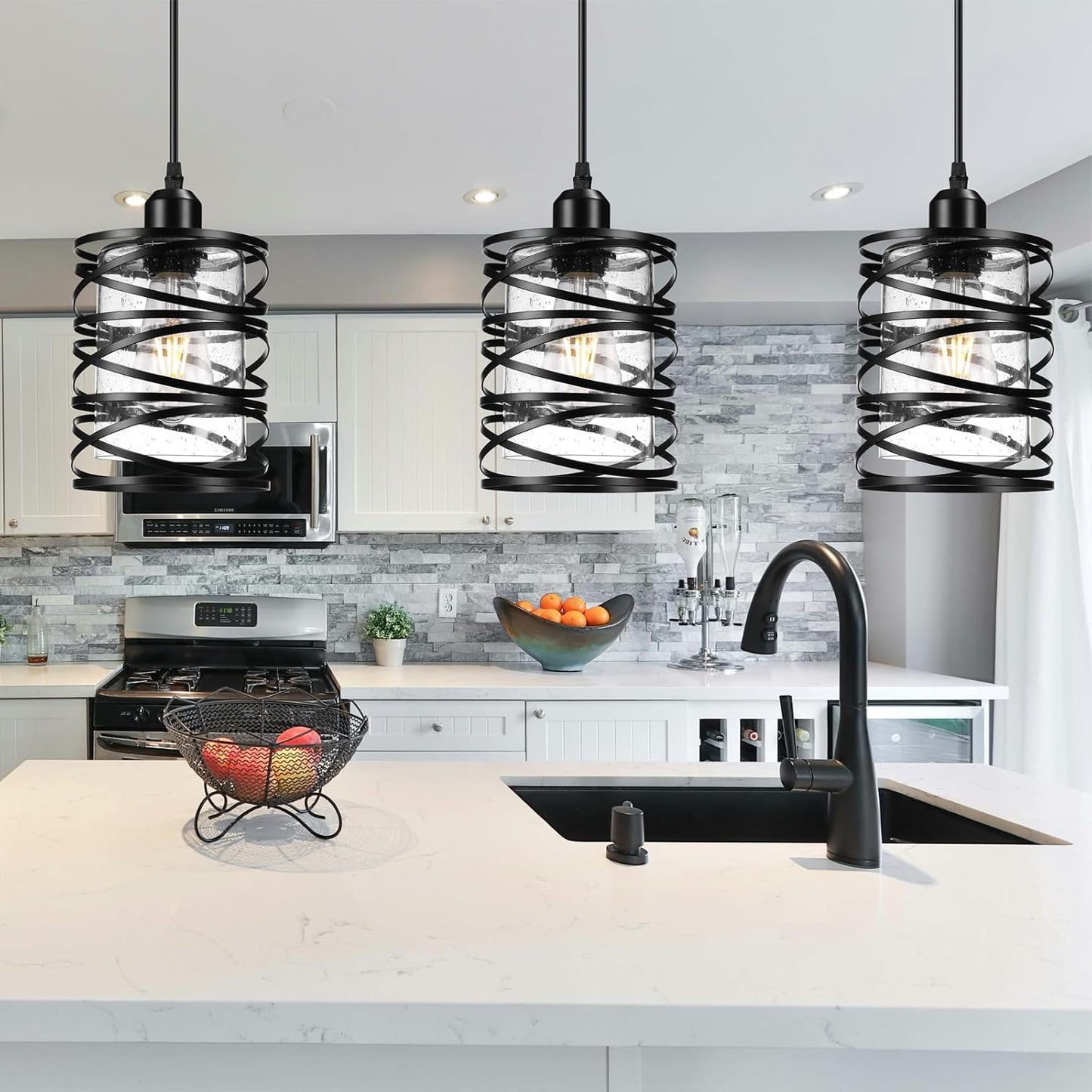 Ember Pendant Light Set of 3 | Black Seeded Glass Kitchen Island