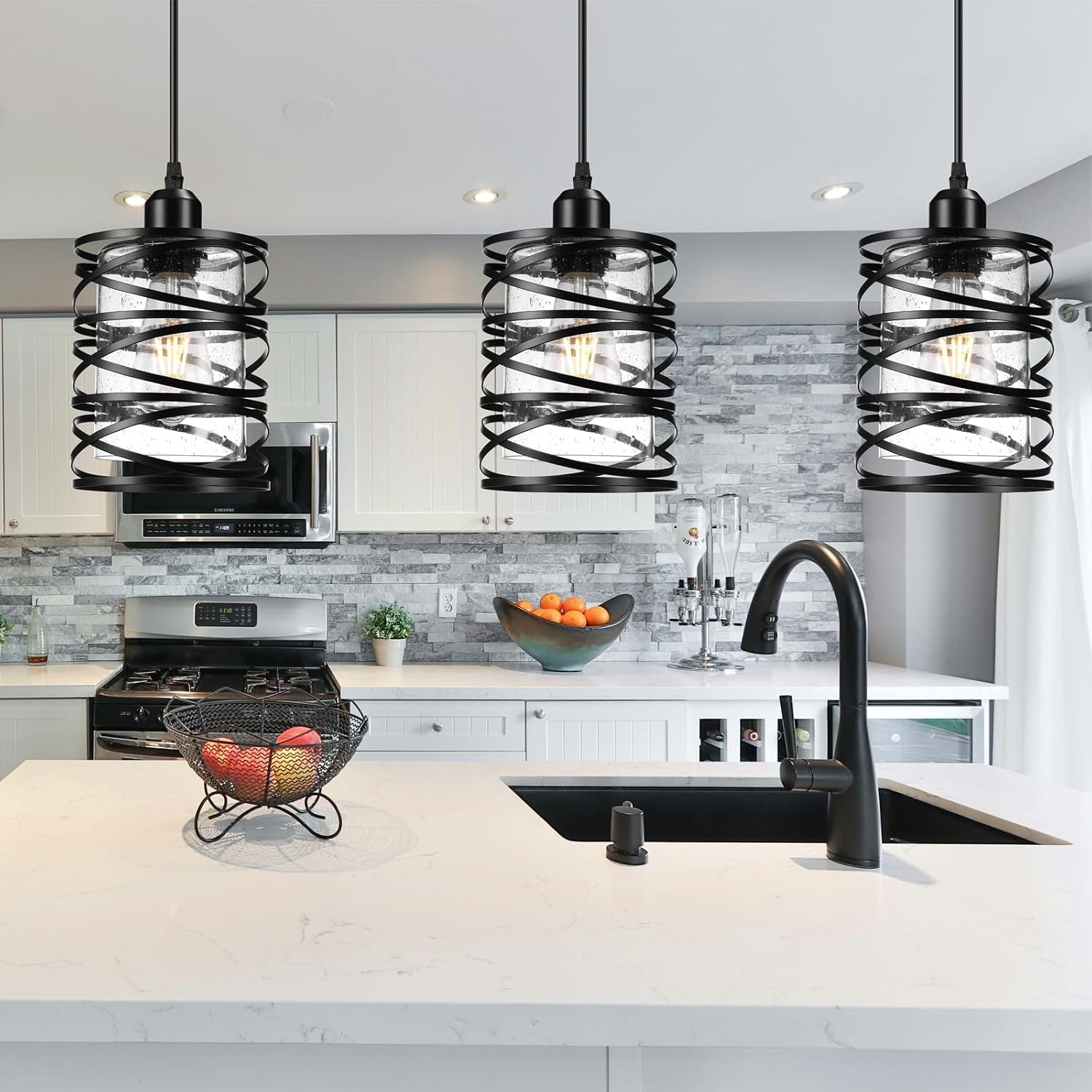 Ember Pendant Light Set of 3 | Black Seeded Glass Kitchen Island