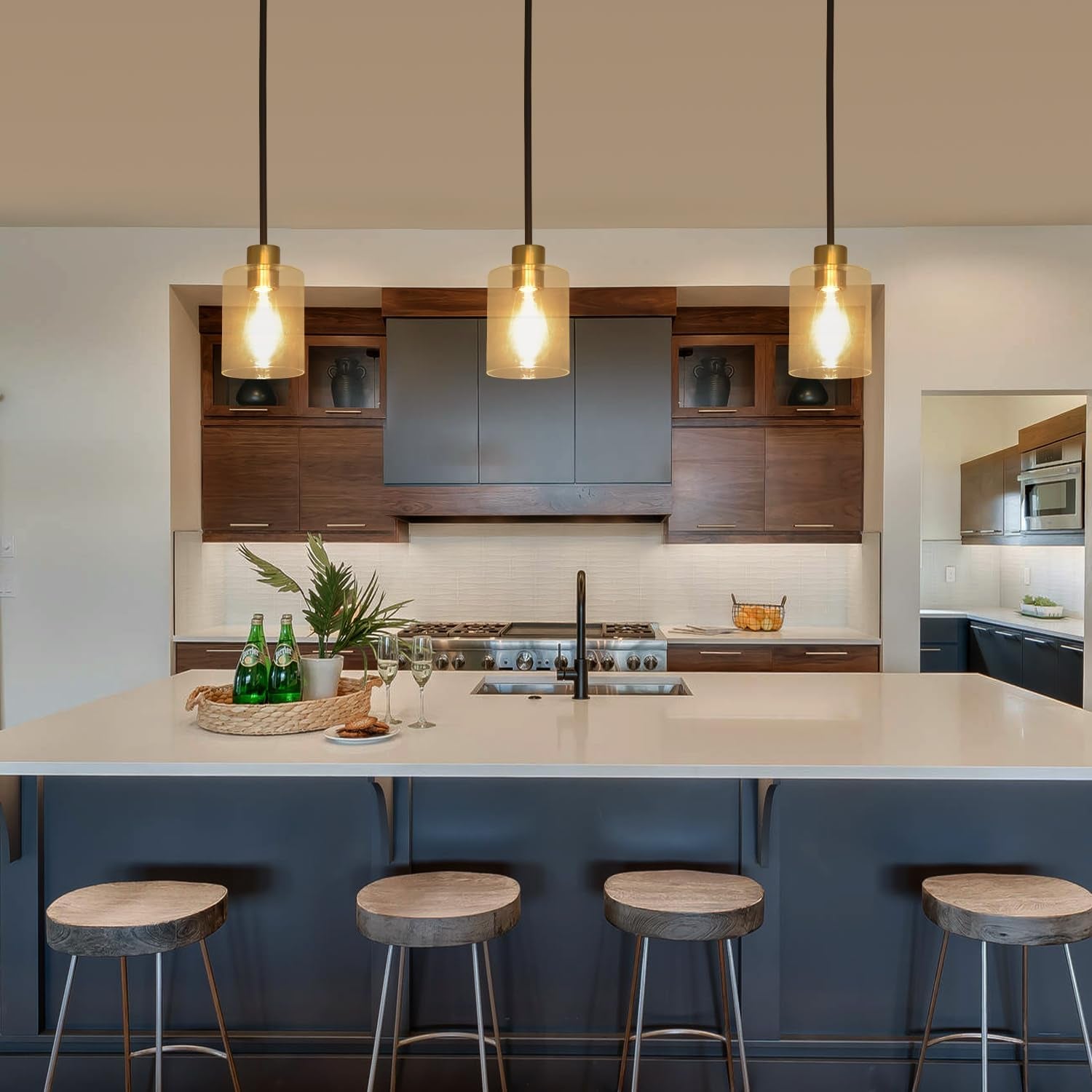 Meridian Pendant Light Set of 3 | Black & Brass Clear Glass